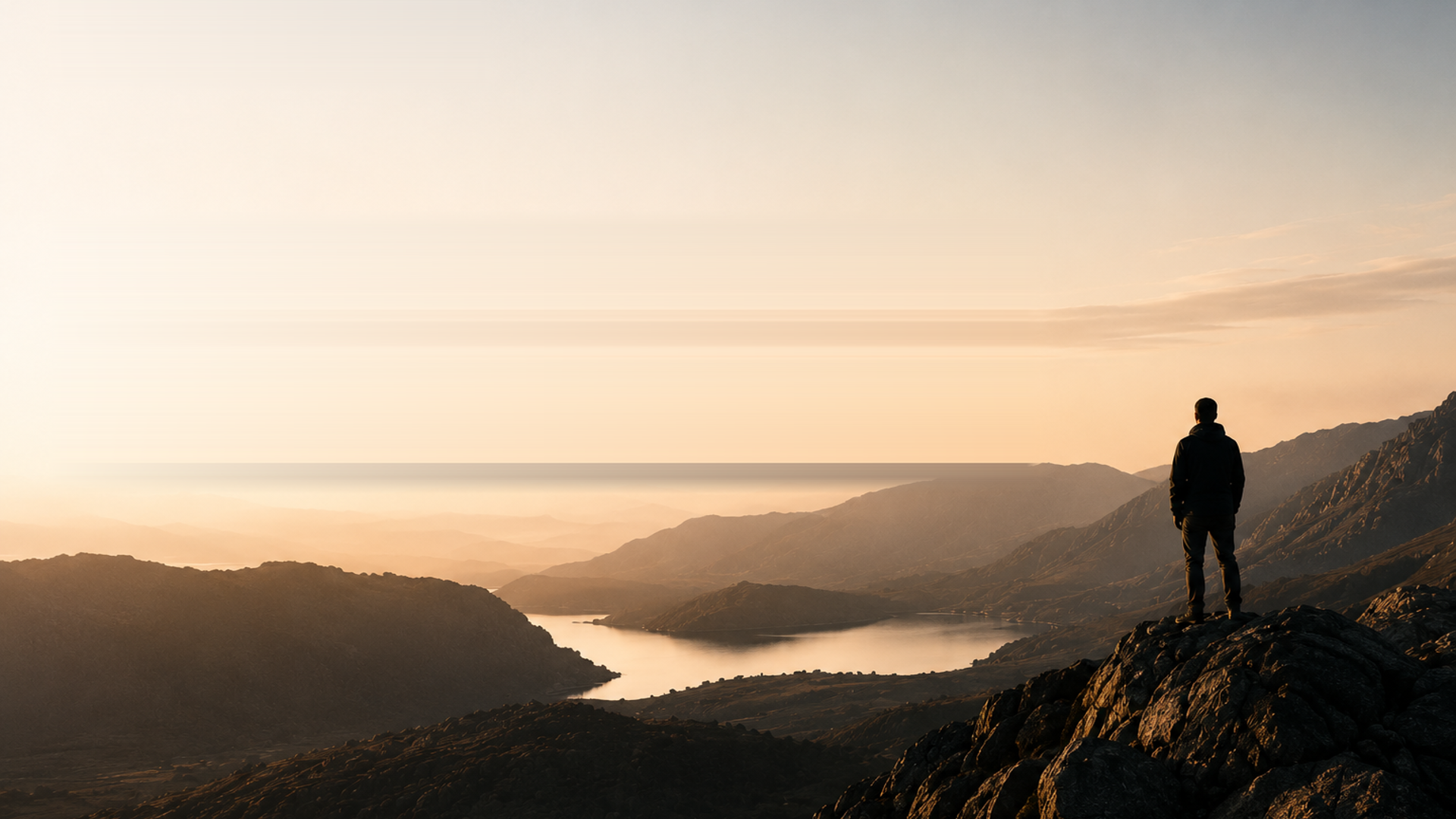 A lone figure looking out over a valley at first light